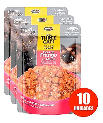 Ração Úmida Three Cats Sachê Premium Especial para Gatos Adultos Castrados Sabor Iscas de Frango ao Molho 85g - 10 unidades