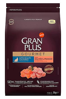 Ração GranPlus Gourmet High Premium Sabor Salmão e Frango para Gatos Castrados - 3kg