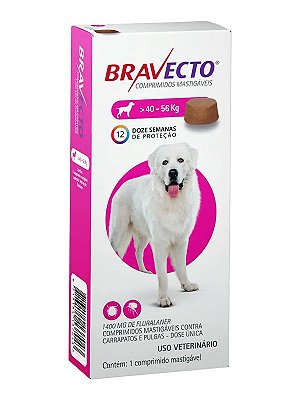 Antipulgas e Carrapatos Bravecto MSD para Cães de 40 a 56Kg - 1 Comprimido Mastigável de 1400mg - VENC. JAN/24