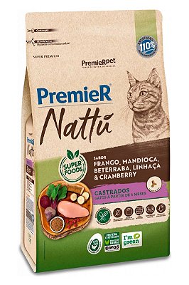 Ração Premier Nattu Super Premium Sabor Frango, Mandioca, Beterraba, Linhaça e Cranberry para Gatos Castrados - 1,5kg ou 7,5kg
