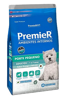 Ração Premier Super Premium Ambientes Internos Sabor Frango e Salmão para Cães Adultos de Raças Pequenas - 1kg, 2,5kg, 7,5kg ou 12kg