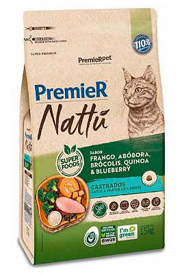 Ração Premier Nattu Super Premium Sabor Frango, Abóbora, Brócolis, Quinoa e Blueberry para Gatos Castrados - 1,5kg ou 7,5kg