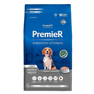 Ração Premier Light Ambientes Internos Sabor Frango e Salmão para Cães Adultos de Raças Pequenas - 1kg ou 2,5kg