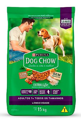 Ração Nestlé Purina Dog Chow Longevidade 7+ Sabor Carne, Frango e Arroz para Cães Adultos de Todos os Tamanhos Sênior - 15kg