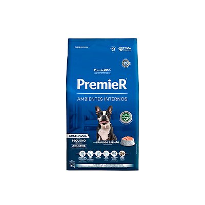 Ração Premier Super Premium Ambientes Internos Sabor Frango e Salmão para Cães Adultos Castrados de Porte Pequeno - 1kg ou 2,5kg