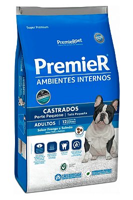 Ração Premier Super Premium Ambientes Internos Sabor Frango e Salmão para Cães Adultos Castrados de Porte Pequeno - 1kg ou 2,5kg
