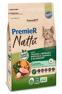 Ração Premier Nattu Super Premium Sabor Frango, Abóbora, Brócolis, Quinoa e Blueberry para Gatos Filhotes - 1,5kg