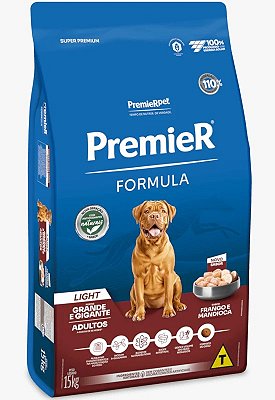 Ração Premier Light Super Premium Formula Sabor Frango para Cães Adultos de Portes Grandes e Gigantes - 15kg