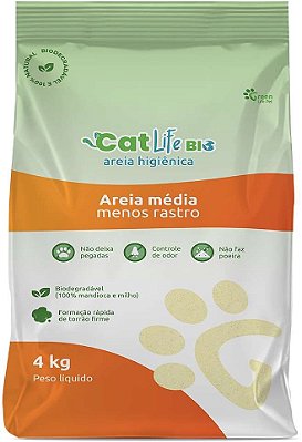 Areia Higiênica Cat Life Bio Grãos Médios Menos Rastro para Gatos - 4kg