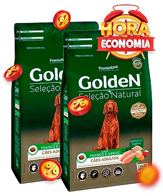 Ração Golden Seleção Natural Sabor Frango e Arroz para Cães Adultos - Combo com 24kg (2x 12kg)