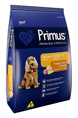 Ração Primus Premium Especial Sabor Frango, Carne e Cereais para Cães Sênior 7+ de Raças Médias e Grandes - 15kg