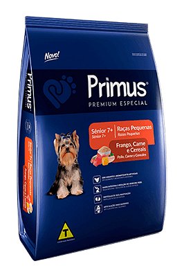 Ração Primus Premium Especial Sabor Frango, Carne e Cereais para Cães Sênior 7+ de Raças Pequenas - 10,1kg