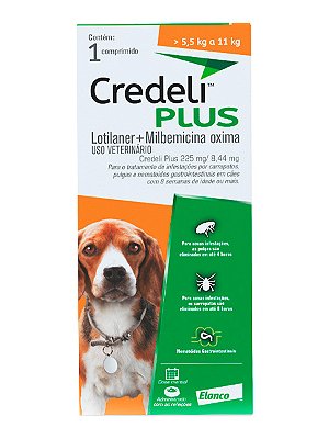 Antipulgas e Carrapatos Credeli Plus Elanco 225mg/8,44mg para Cães de 5,5kg a 11kg - 1 Comprimido