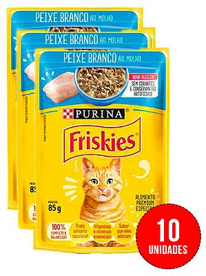 Ração Úmida Nestlé Purina Friskies Sachê Sabor Peixe Branco ao Molho para Gatos Adultos 85g - 10 unidades