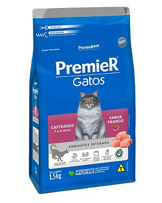 Ração Premier Sabor Frango para Gatos Castrados de 7 a 11 anos - 1,5Kg ou 7,5kg