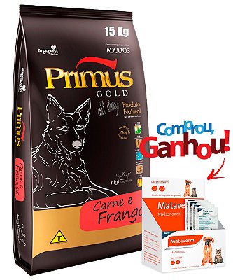 Ração Primus Gold All Day Frango e Carne para Cães - 15Kg + Brinde