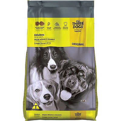 Ração Three Dogs Original Frango, Carne e Arroz para Cães Adultos Raças Médias e Grandes - 10,1Kg, 15Kg ou 20Kg