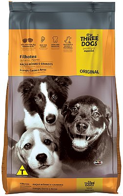 Ração Three Dogs Original Frango, Carne e Arroz para Cães Filhotes Raças Médias e Grandes - 10,1Kg