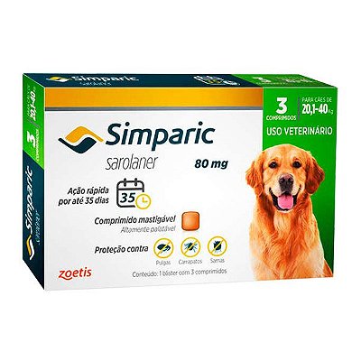 Antipulgas Simparic Zoetis 80mg para cães 20,1 a 40kg C/3 Comprimidos