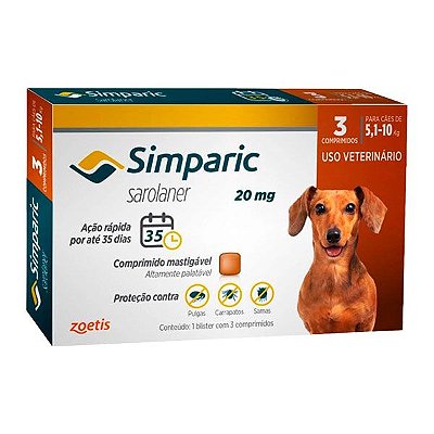 Antipulgas Simparic Zoetis 20mg para cães 5,1 a 10kg C/3 Comprimidos