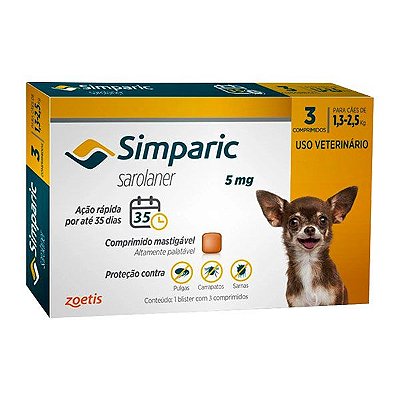Antipulgas Simparic Zoetis 5mg para cães 1,3 a 2,5kg C/3 Comprimidos