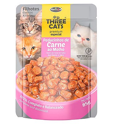 Ração Úmida Three Cats Sachê Premium Especial para Gatos Filhotes Sabor Pedacinhos de Carne ao Molho - 85g