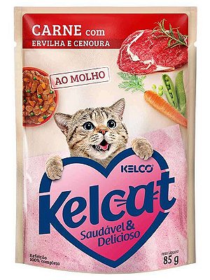 Ração Úmida Kelcat Sachê Sabor Carne com Ervilha e Cenoura para Gatos Adultos - 85g