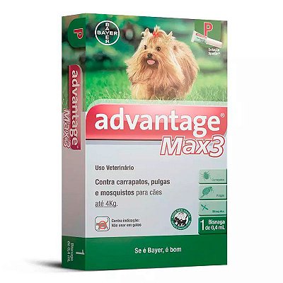 Antipulgas e Carrapatos Advantage MAX3 para Cães de até 4Kg - 1 Bisnaga de 0,4 mL