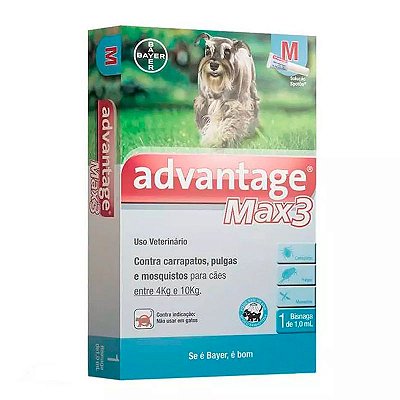 Antipulgas e Carrapatos Advantage MAX3 para Cães de 4Kg a 10Kg - 1 Bisnaga de 1,0 mL (VENC.JAN/23)