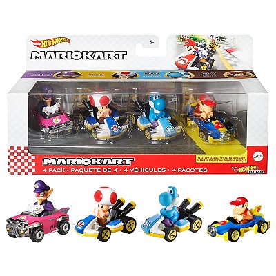 Carrinho Hot Wheels Mario Kart 4 Pack Waluigi Toad Yoshi Diddy Kong GXX98