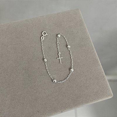 Pulseira Elos Bolinhas e Cruz- Prata 925