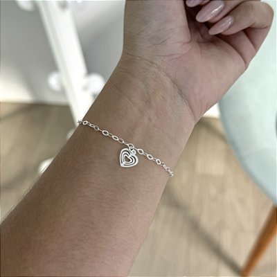 Pulseira Coração Pendurado Triplo - Prata 925