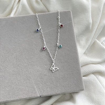 Pulseira Borboleta com 4 Zircônias Coloridas- Prata 925
