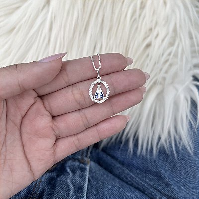 Colar de Nossa Senhora Aparecida Azul  Círculo Cravejado- Prata 925