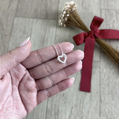 Colar Coração Vazado Cravejado - Prata 925