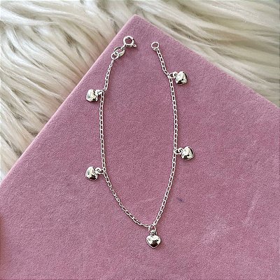 Pulseira 5 Corações Lisos - Prata 925