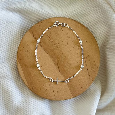 Pulseira Cruz e Bolinhas - Prata 925