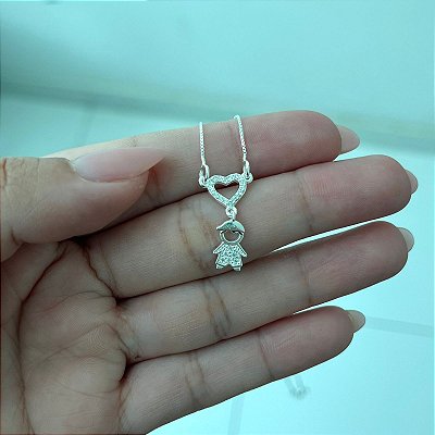 Colar Coração Cravejado com Menino - Prata 925