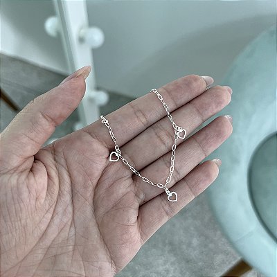Pulseira Infantil 3 Corações Vazados - Prata 925