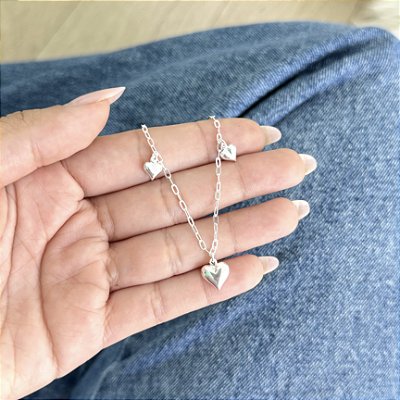 Pulseira 3 Corações Cheios - Prata 925