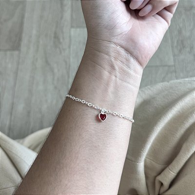 Pulseira Elos com Coração Vermelho - Prata 925