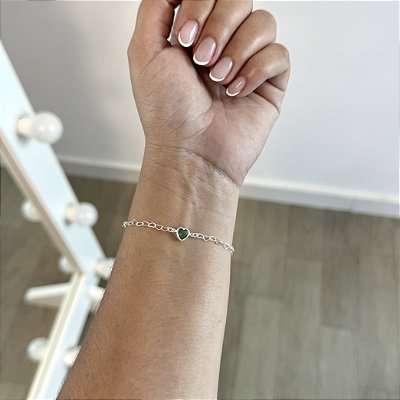 Pulseira Mini Corações com Pingente de Coração Verde - Prata 925
