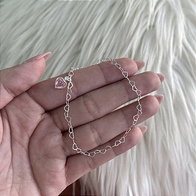 Pulseira Mini Corações com Pingente de Coração Rosa - Prata 925