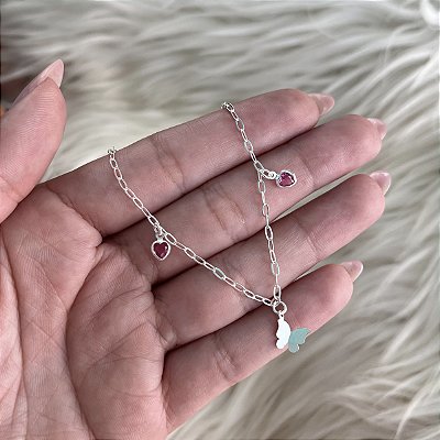 Pulseira Borboleta Origami com Corações Rosa - Prata 925