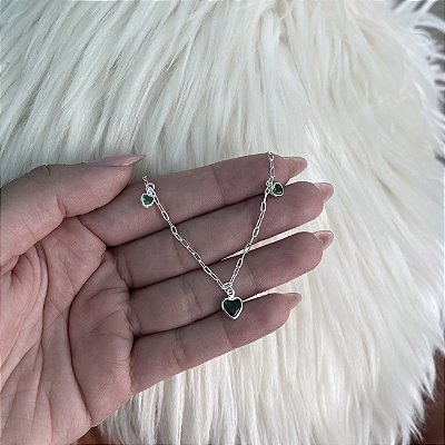 Pulseira com 3 Corações Verdes - Prata 925