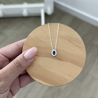 Colar Gota Central Cravejado Azul - Prata 925