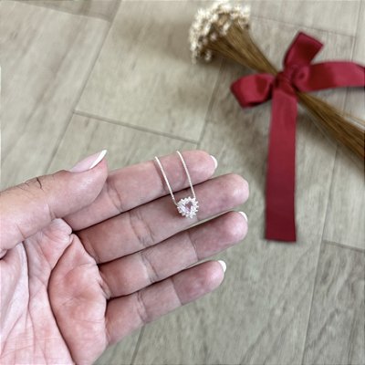 Colar Coração Cravejado Rosa - Prata 925