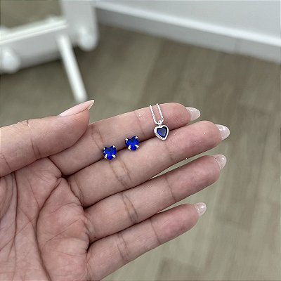 Conjunto Ponto de Luz Coração Azul - Prata 925