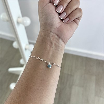 Pulseira Mini Corações com Pingente de Coração Azul - Prata 925