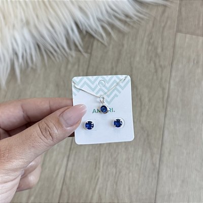 Conjunto Ponto de Luz Redondo Azul - Prata 925
